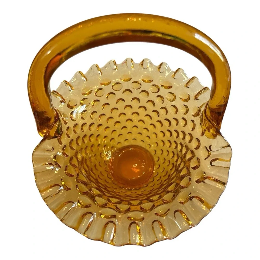 Vintage Fenton Amber Glass Colonial Hobnail Ruffled Edges Art Glass Basket 7.5